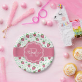 水色ストロベリーパターン(モノグラム) ペーパープレート (パーティー)