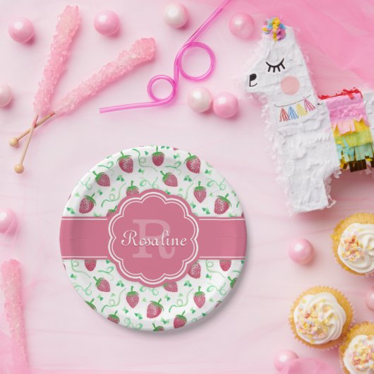 水色ストロベリーパターン(モノグラム) ペーパープレート (パーティー)