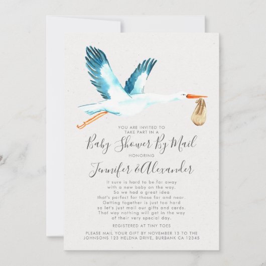 水色ストークブルーカップルeベビーシャワーbyメール 招待状 (正面)