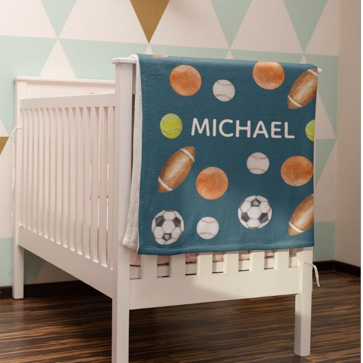 水色スポーツボール名モノグラムオールスター フリースブランケット