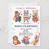 水色スーパーヒーロー誕生日パーティーへの招待 招待状 (正面)