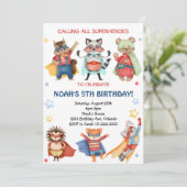 水色スーパーヒーロー誕生日パーティーへの招待 招待状 (スタンド正面)