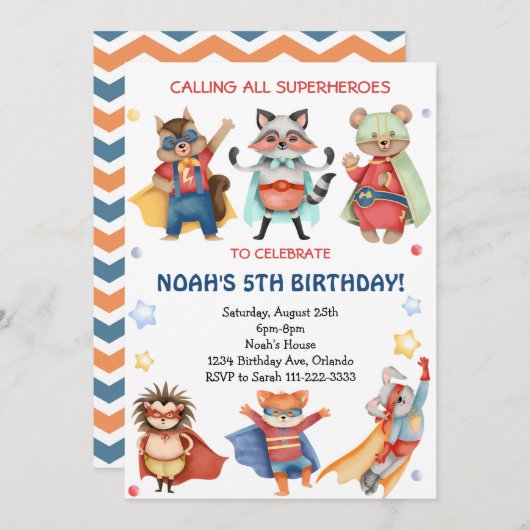 水色スーパーヒーロー誕生日パーティーへの招待 招待状 (正面/裏面)