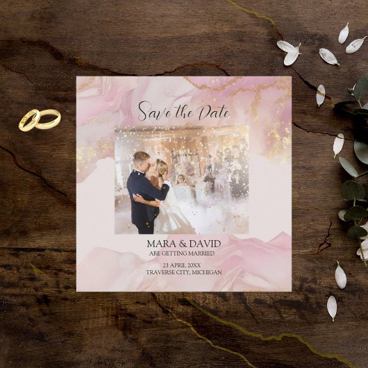 水色セラピナピンクと金ゴールド結婚式の招待