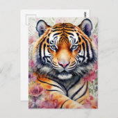 水色タイガーと花絵画フローラ ポストカード (正面/裏面)