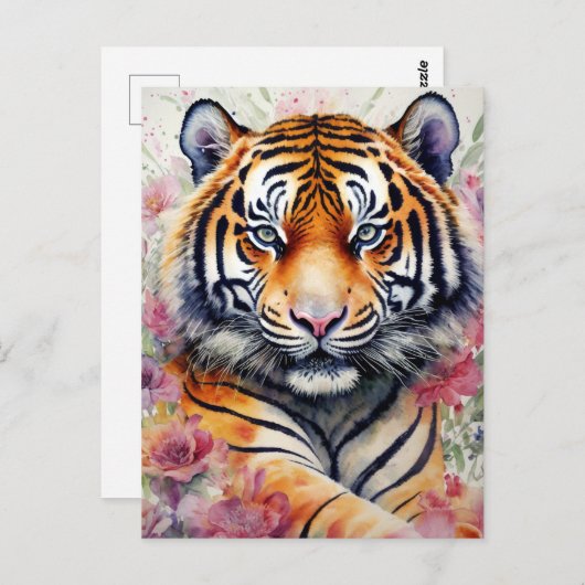 水色タイガーと花絵画フローラ ポストカード (正面/裏面)