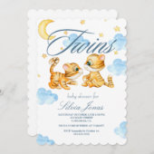 水色タイガージャングル動物の双子の赤ちゃんシャワー 招待状 (正面/裏面)