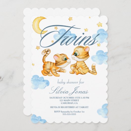 水色タイガージャングル動物の双子の赤ちゃんシャワー 招待状 (正面/裏面)