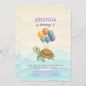 水色タートルザシーバルーン誕生日 招待状 (正面/裏面)