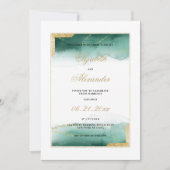 水色ダークグリーン白金ゴールド結婚グリッター 招待状 (正面)