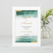 水色ダークグリーン白金ゴールド結婚グリッター 招待状 (スタンド正面)