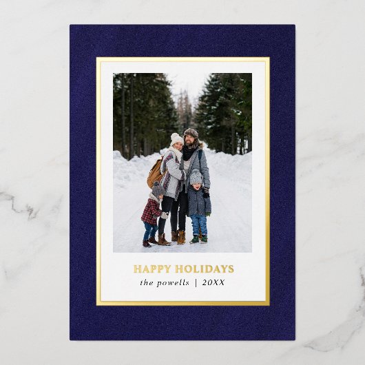水色ダークネイビーブルーフレームフォトクリスマス 箔シーズンカード (正面)