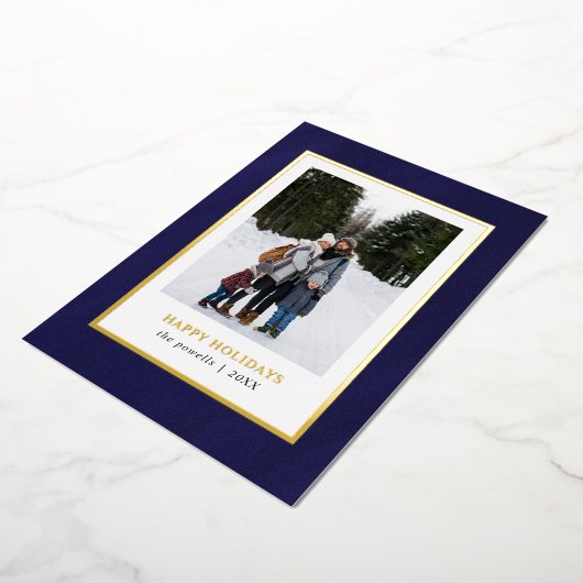 水色ダークネイビーブルーフレームフォトクリスマス 箔シーズンカード (回転した状態)