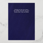 水色ダークネイビーブルーフレームフォトクリスマス 箔シーズンカード (裏面)