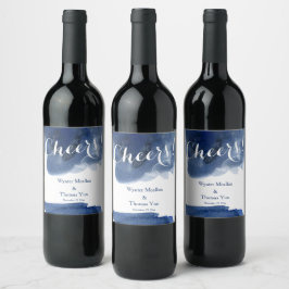 水色ダークブルー結婚のボトルラベル ワインラベル