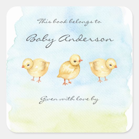 水色チックス赤ちゃんシャワー蔵書票 スクエアシール (正面)