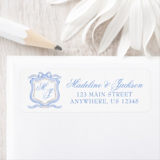 水色デザイナー青モノグラムクレストアドレス ラベル (インサイチュ)