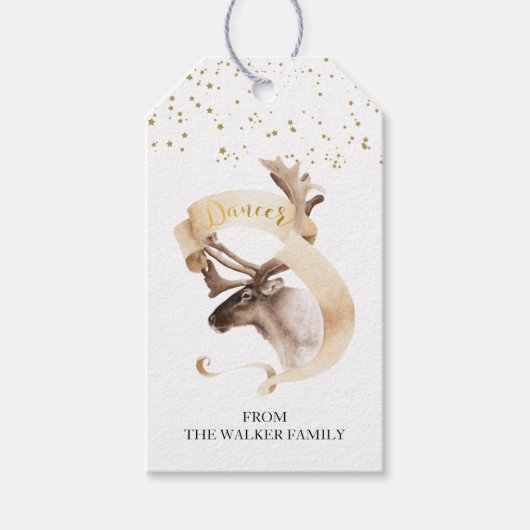 水色トナカイの鹿の金ゴールドクリスマスファミリー ギフトタグ (正面)