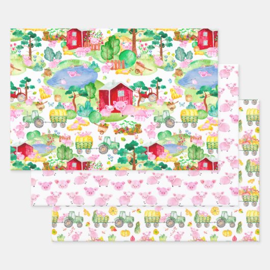 水色トラクターかわいい豚ファーム ラッピングペーパーシート (セット)