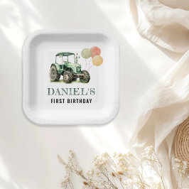 水色トラクターバースデーパーティー ペーパープレート