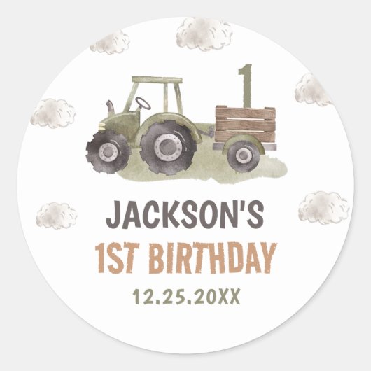 水色トラクターファーム1st誕生日 ラウンドシール (正面)