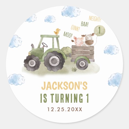 水色トラクターファーム1st誕生日 ラウンドシール (正面)
