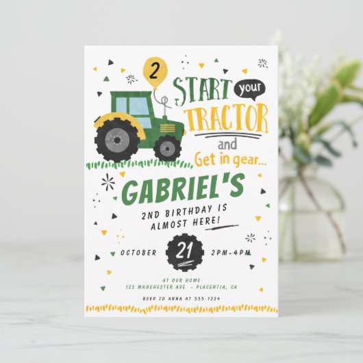 水色トラクター誕生日パーティー招待状 招待状 (スタンド正面)