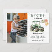 水色トラクター2nd誕生日パーティー写真 招待状 (正面)