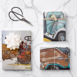 水色トラクター、トラックとセミカー ラッピングペーパーシート