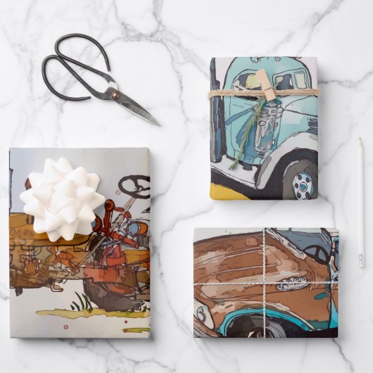 水色トラクター、トラックとセミカー ラッピングペーパーシート (正面)