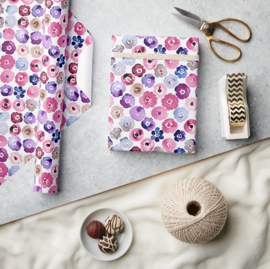 水色ドット花のパターン ラッピングペーパー (クラフト)