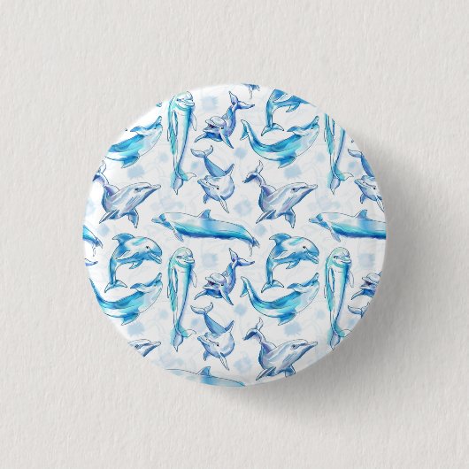 水色ドルフィンフィッシュシームレスパターン、イルカ 缶バッジ (正面)