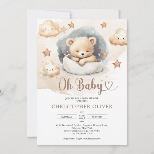 水色ニュートラルかわいい眠りテディベア 招待状 (正面)