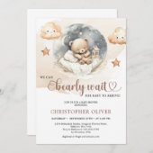 水色ニュートラルブラウン色相アイボリーテディベア 招待状 (正面/裏面)