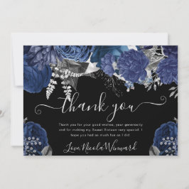 水色ネイビーとシルバーのバラスウィート16 サンキューカード