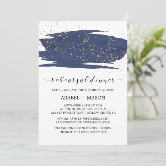 水色ネイビーと金ゴールドスパークルリハーサルディナー 招待状 (スタンド正面)
