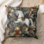 水色ネイビーと金ゴールドホースホリデーモチーフ クッション (ブランケット)