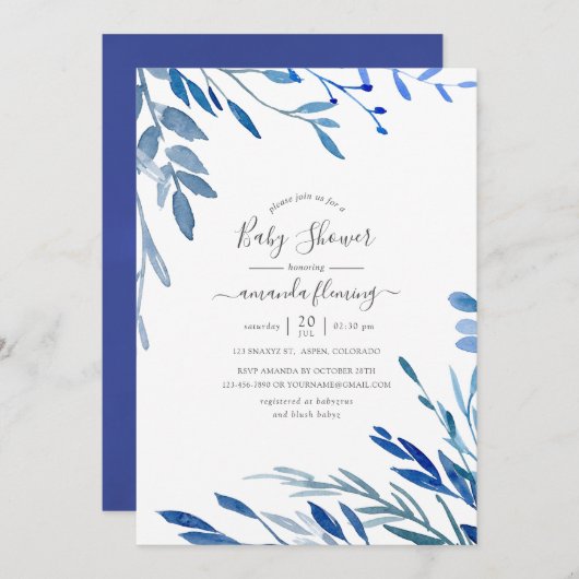 水色ネイビーインジゴ葉ベビーシャワー 招待状 (正面/裏面)