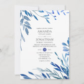 水色ネイビーインジゴ葉結婚ズ 招待状 (正面)