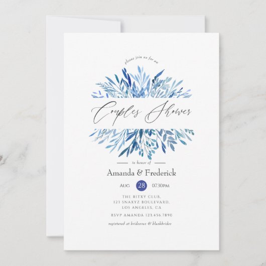水色ネイビーインディゴ葉ーカップルのシャワー 招待状 (正面)