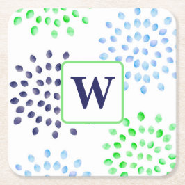 水色ネイビーグリーンブルーフラワーモノグラム スクエアペーパーコースター