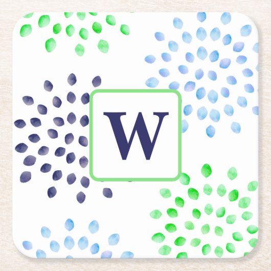 水色ネイビーグリーンブルーフラワーモノグラム スクエアペーパーコースター (正面)