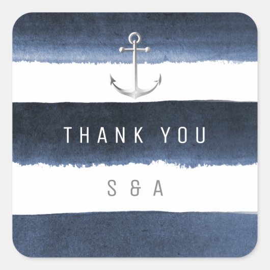 水色ネイビーストライプいかりビーチ結婚式 スクエアシール (正面)