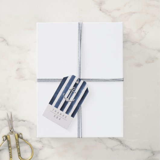 水色ネイビーストライプビーチ結婚式 ギフトタグ (より糸付き)