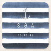 水色ネイビーストライプビーチ結婚式 スクエアペーパーコースター (正面)