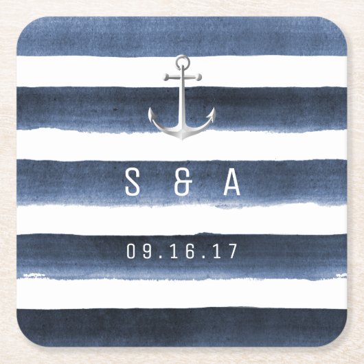 水色ネイビーストライプビーチ結婚式 スクエアペーパーコースター (正面)