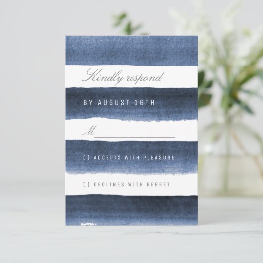 水色ネイビーストライプ航海の結婚式RSVP 出欠カード (スタンド正面)