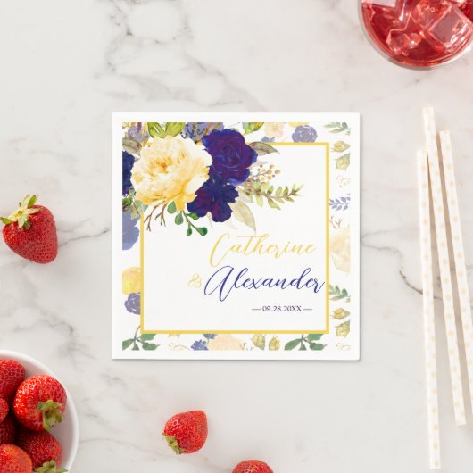 水色ネイビーブルーイエローフローラ結婚ズ紙 スタンダードカクテルナプキン (インサイチュ)