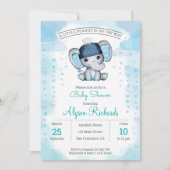 水色ネイビーブルーエレファントハットベビーシャワー 招待状 (正面)