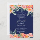 水色ネイビーブルーコーラルピンクの結婚植物体 招待状 (正面)